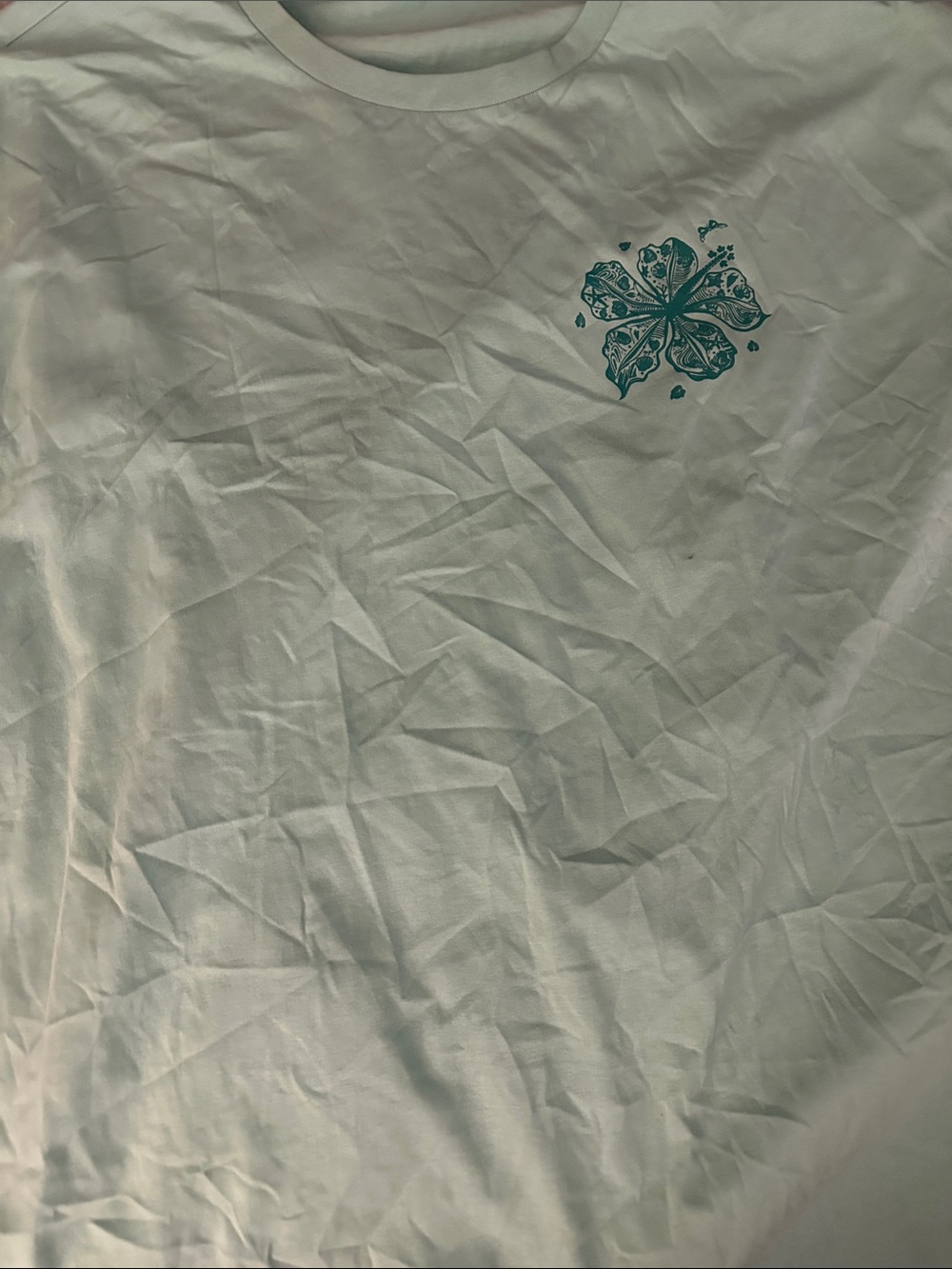 Light Green Short Sleeve Tee with Teal Floral Accent - Unbranded